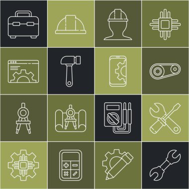 Set line Wrench spanner, Screwdriver and wrench, Timing belt kit, Worker safety helmet, Hammer, Browser setting, Toolbox and Setting on smartphone icon. Vector