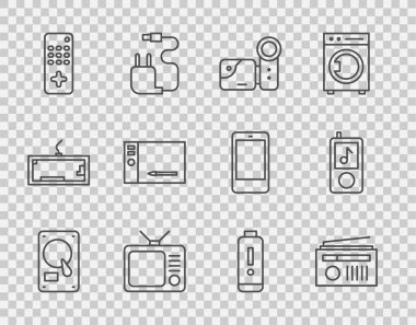 Set line Hard disk drive HDD, Radio with antenna, Cinema camera, Retro tv, Remote control, Graphic tablet, Battery charge level indicator and Music player icon. Vector