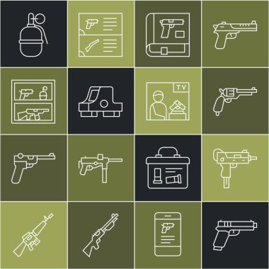 Set line Pistol or gun, UZI submachine, Revolver, Book with pistol, Collimator sight, Hunting shop weapon, Hand grenade and Advertising icon. Vector