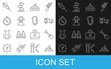 Set line Hunter hat, Shovel, Off road car, Tourist tent, African tribe male, Compass, Syringe and Carabiner icon. Vector