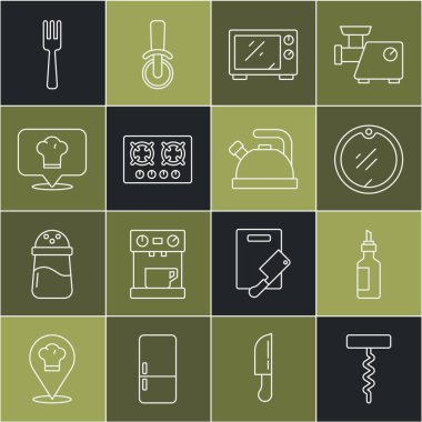 Set line Wine corkscrew, Bottle of olive oil, Cutting board, Microwave oven, Gas stove, Chef hat with location, Fork and Kettle handle icon. Vector