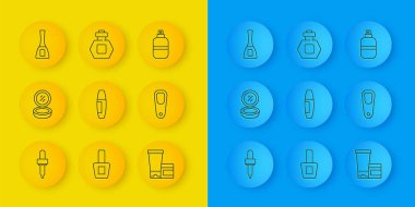 Set line Pipette, Makeup powder with mirror, Mascara brush, Cream lotion cosmetic tube, Pumice for feet, Nail polish bottle, Perfume and  icon. Vector