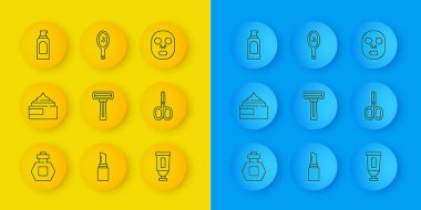 Set line Perfume, Cream or lotion cosmetic tube, Shaving razor, Scissors, Spray can for hairspray, Facial mask and Hand mirror icon. Vector