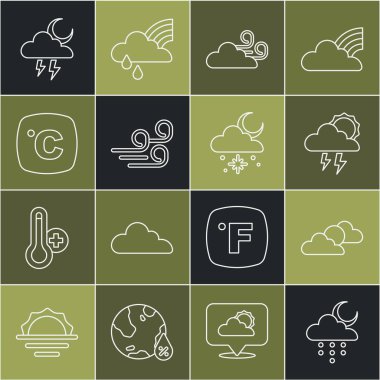 Set line Cloud with rain and moon, Sun cloud weather, Storm, Windy, Celsius,  and snow sun icon. Vector