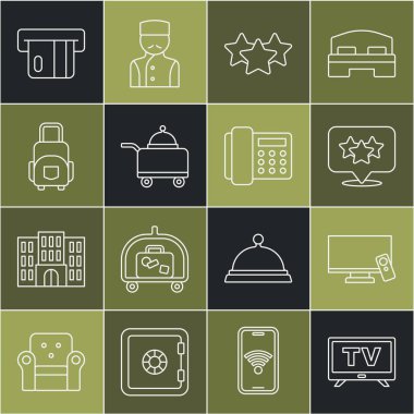 Set line Smart Tv, Stars rating, Covered with tray of food, Suitcase, Credit card and Telephone handset icon. Vector