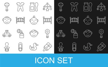 Set line Baby bottle, Rattle baby toy, crib cradle bed, Yogurt in with spoon, Little boy head,  and  icon. Vector