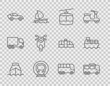 Set line Cruise ship, Bus, Cable car, Train and railway, Car, Scooter,  and Cargo with boxes delivery icon. Vector