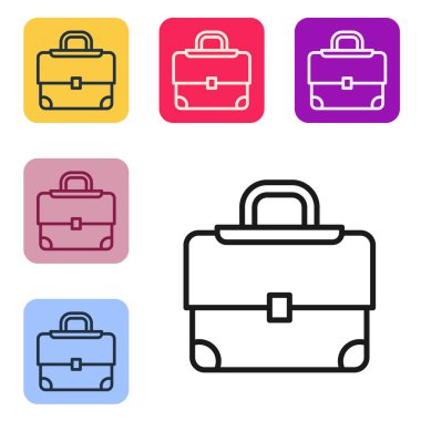 Beyaz arkaplanda siyah çizgi evrak çantası simgesi izole edildi. İş ilanı. İş portföyü. Renkli kare düğmelerle simgeleri ayarla. Vektör.