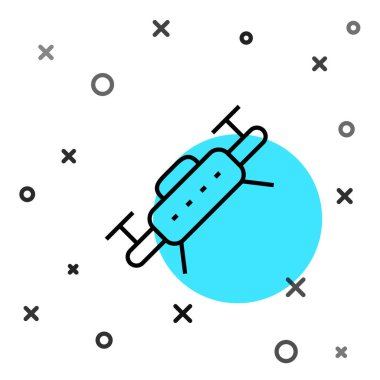 Siyah çizgi uçan İHA ikonu beyaz arka planda izole edildi. Video ve fotoğraf makinesi sembollü dörtlü helikopter. Rastgele dinamik şekiller. Vektör