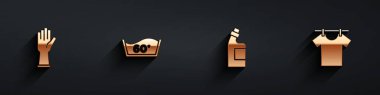 Set Rubber gloves, Temperature wash, Bottle for cleaning agent and Drying clothes icon with long shadow. Vector