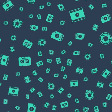 Set MP4 file document, Play Video, Retro audio cassette tape and Camera shutter on seamless pattern. Vector