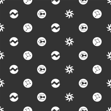 Set Sun, Great Bear constellation, Planet and Pisces zodiac on seamless pattern. Vector