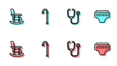 Set line Stethoscope, Rocking chair, Walking stick cane and Adult diaper icon. Vector