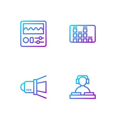 Set line DJ playing music, Movie spotlight, Drum machine and Music equalizer. Gradient color icons. Vector