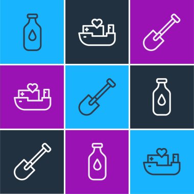 Set line Bottle of water, Shovel and Humanitarian ship icon. Vector
