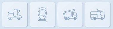 Set line Scooter, Delivery cargo truck, Tram and railway and Trolleybus. White square button. Vector