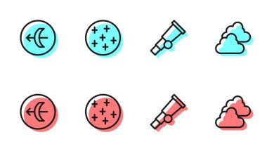 Set line Telescope, Sagittarius zodiac, Full moon and Cloudy weather icon. Vector