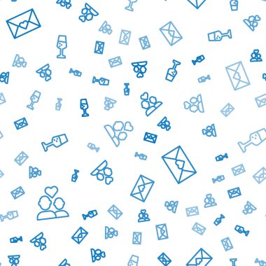 Set line Lover couple, Envelope with Valentine heart and Glass of champagne on seamless pattern. Vector