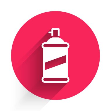 White Paint spray can icon isolated with long shadow background. Red circle button. Vector