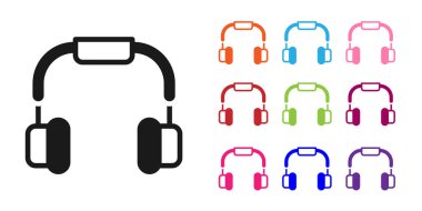 Siyah kulaklık simgesi beyaz arkaplanda izole edilmiş. Kulaklıklar. Müzik, hizmet, iletişim ve operatör konsepti. Simgeleri renklendirin. Vektör