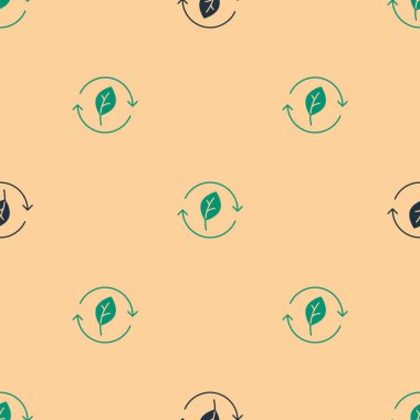 Green and black Recycle symbol with leaf icon isolated seamless pattern on beige background. Circular arrow icon. Environment recyclable go green.  Vector