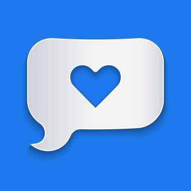 Kağıt kesiği Kalp konuşma baloncuğu simgesinde mavi arka planda izole edildi. Sevgililer günün kutlu olsun. Kağıt sanatı tarzı. Vektör