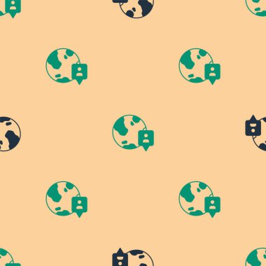 Dünya ikonundaki yeşil ve siyah konum bej arkaplandaki kusursuz deseni izole etti. Dünya ya da Dünya işareti. Vektör