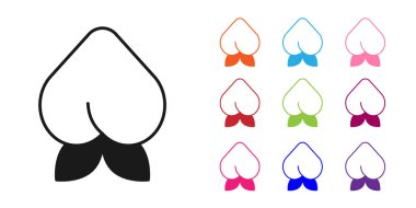 Beyaz zemin üzerinde yaprak simgesi olan siyah şeftali ya da nektarin. Simgeleri renklendirin. Vektör