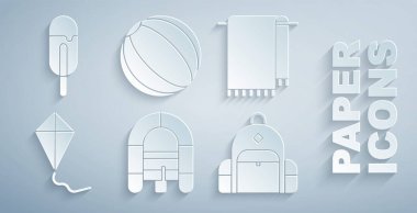 Set Rafting boat, Towel on hanger, Kite, Hiking backpack, Beach ball and Ice cream icon. Vector