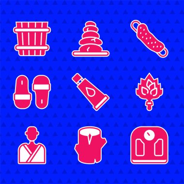 Set Cream or lotion cosmetic tube, Wooden log, Bathroom scales, Sauna broom, Man in the sauna, slippers, Washcloth and bucket icon. Vector