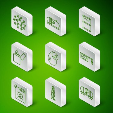 Set line Oil railway cistern, rig with fire, Molecule oil, Bio fuel, Lighter, industrial factory building, Canister for motor machine and Gas filling station icon. Vector