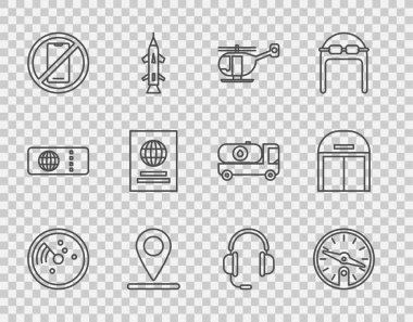 Set line Radar with targets on monitor, Compass, Helicopter, Location, No cell phone, Passport, Headphones microphone and Aircraft hangar icon. Vector