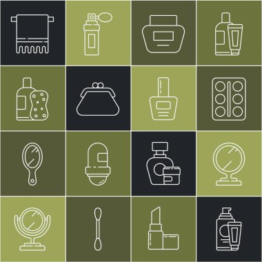 Set line Cream or lotion cosmetic tube, Round makeup mirror, Eye shadow palette, Clutch bag, Bottle of shampoo and sponge, Towel hanger and Nail polish bottle icon. Vector