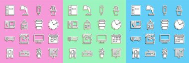 Set line Chalkboard with diagram, Calendar, Pie chart infographic, Marker pen, Glue, Computer monitor, Office folders and Coffee cup go icon. Vector