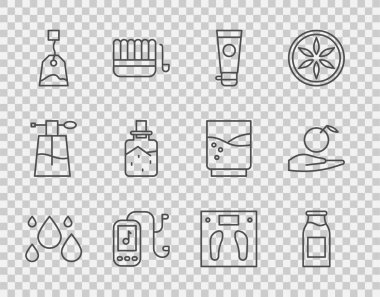 Set line Water drop, Bottle with milk, Cream or lotion cosmetic tube, Music player, Tea bag, Spa salt, Bathroom scales and Apple in hand icon. Vector