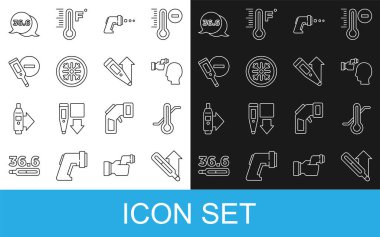 Set line Medical thermometer, Meteorology, Checking body temperature, Digital, Snowflake,  and  icon. Vector