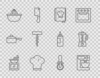 Set line Manual coffee grinder, Electric mixer, Cookbook, Chef hat, Citrus fruit juicer, Wine corkscrew, Pizza knife and Blender icon. Vector