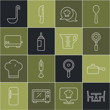 Set line Wooden table with chair, Frying pan, Spatula, Chef hat speech bubble, Sauce bottle, Toaster, Kitchen ladle and Measuring cup icon. Vector