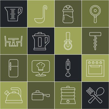 Set line Crossed fork and spoon, Oven, Wine corkscrew, Salt, Electric kettle, Wooden table with chair, Measuring cup and Pizza knife icon. Vector