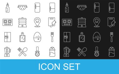 Set line Salt, Fork, Cutting board and meat chopper, Refrigerator, Slow cooker, Gas stove, Bottle of olive oil and Chef hat with location icon. Vector