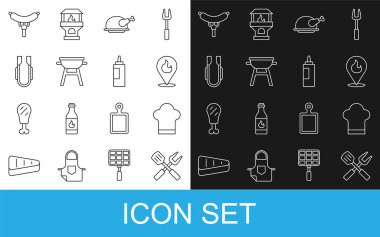 Set line Crossed fork and spatula, Chef hat, Location with fire flame, Roasted turkey chicken, Barbecue grill, Meat tongs, Sausage the and Sauce bottle icon. Vector