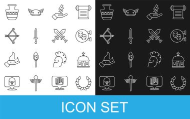 Set line Laurel wreath, Santorini building, Comedy and tragedy masks, Zeus, Medieval sword, bow with arrow, Ancient amphorae and Crossed medieval icon. Vector