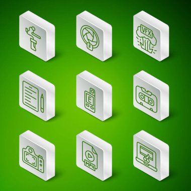 Set line Video recorder on laptop, MP4 file document, Gimbal stabilizer for camera, Light meter, Scenario, Camera shutter, Photo and Retro audio cassette tape icon. Vector