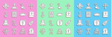 Set line Grave with tombstone, Holy water bottle, bible book, Magic staff, Christian icon, cross, chalice and Bread loaf icon. Vector
