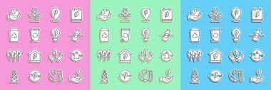 Set line Plant in hand, Garbage bag with recycle, The problem of pollution, Location leaf, Recycle bin, Hand holding Earth globe and Light bulb icon. Vector