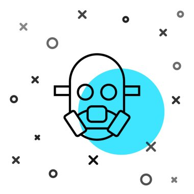 Beyaz arkaplanda siyah çizgi gaz maskesi simgesi izole edildi. Solunum cihazı işareti. Rastgele dinamik şekiller. Vektör