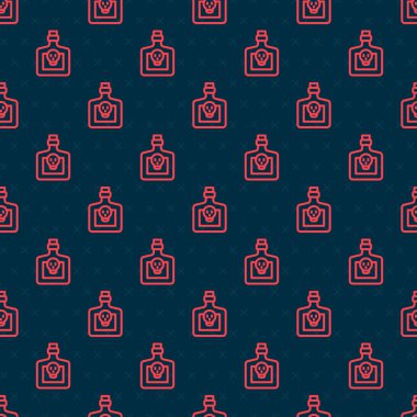 İksir ikonlu kırmızı çizgi şişesi siyah arka planda izole edilmiş pürüzsüz desen. Sihirli iksirli matara. Mutlu Cadılar Bayramı Partisi. Vektör