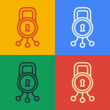 Pop sanat çizgisi siber güvenlik ikonu renk arkaplanında izole edildi. Dijital devre kartında kapalı asma kilit. Güvenlik kavramı. Dijital veri koruması. Vektör.