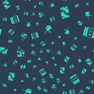 Set Wheelbarrow with dirt, Waterproof rubber boot, Wine bottle glass and Pack full seeds plant on seamless pattern. Vector.