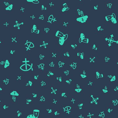 Set Goblet and bread, God's helping hand, Christian fish and cross on seamless pattern. Vector.